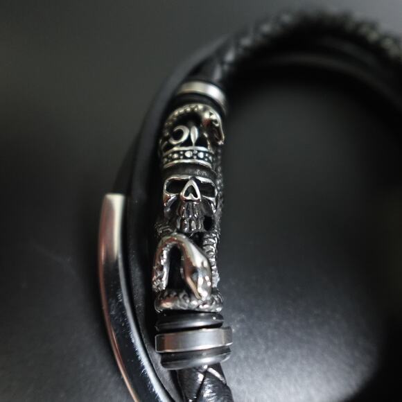 Stainless Steel Bar Accent and Leather Bracelet with Skull & Snake - Picture 7 of 9